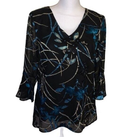 Roz & Ali Black and Teal Floral V-Neck Blouse - Picture 1 of 7